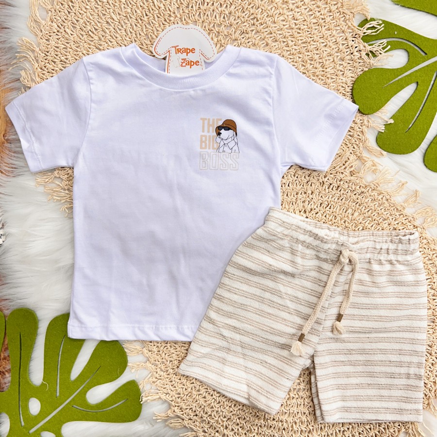  Conj. Camiseta The Big Boss e Bermuda em Linho - Branco e Areia